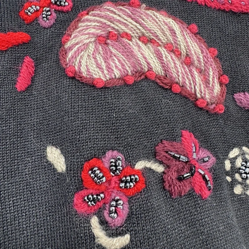 Carducci Black Knit Sweater Large Embroidered Floral Heart Coquette Boho Y2K